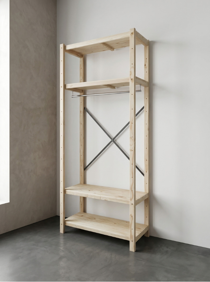 1 Bay 4 Level Wooden Modular DIY Wardrobe Hanging Rail Shelf