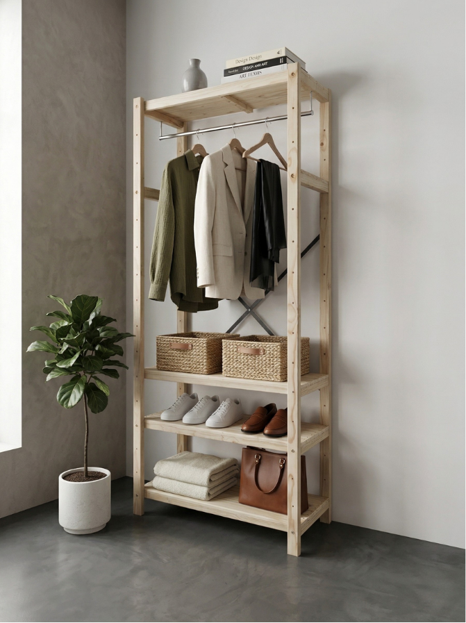 1 Bay 4 Level Wooden Modular DIY Wardrobe Hanging Rail Shelf