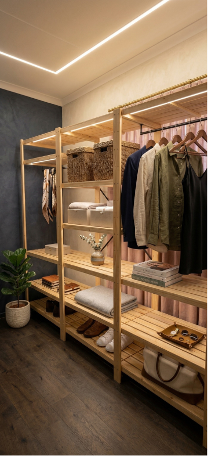 3 Bay 15 Level Pine Wooden Modular DIY Wardrobe Hanging Rail Shelf