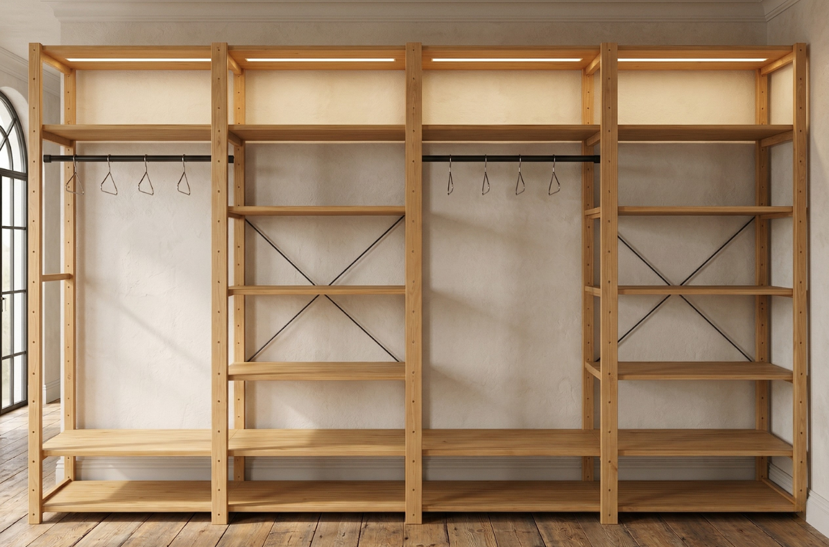 4 Bay 20 Level Pine Wooden Modular DIY Wardrobe Hanging Rail Shelf