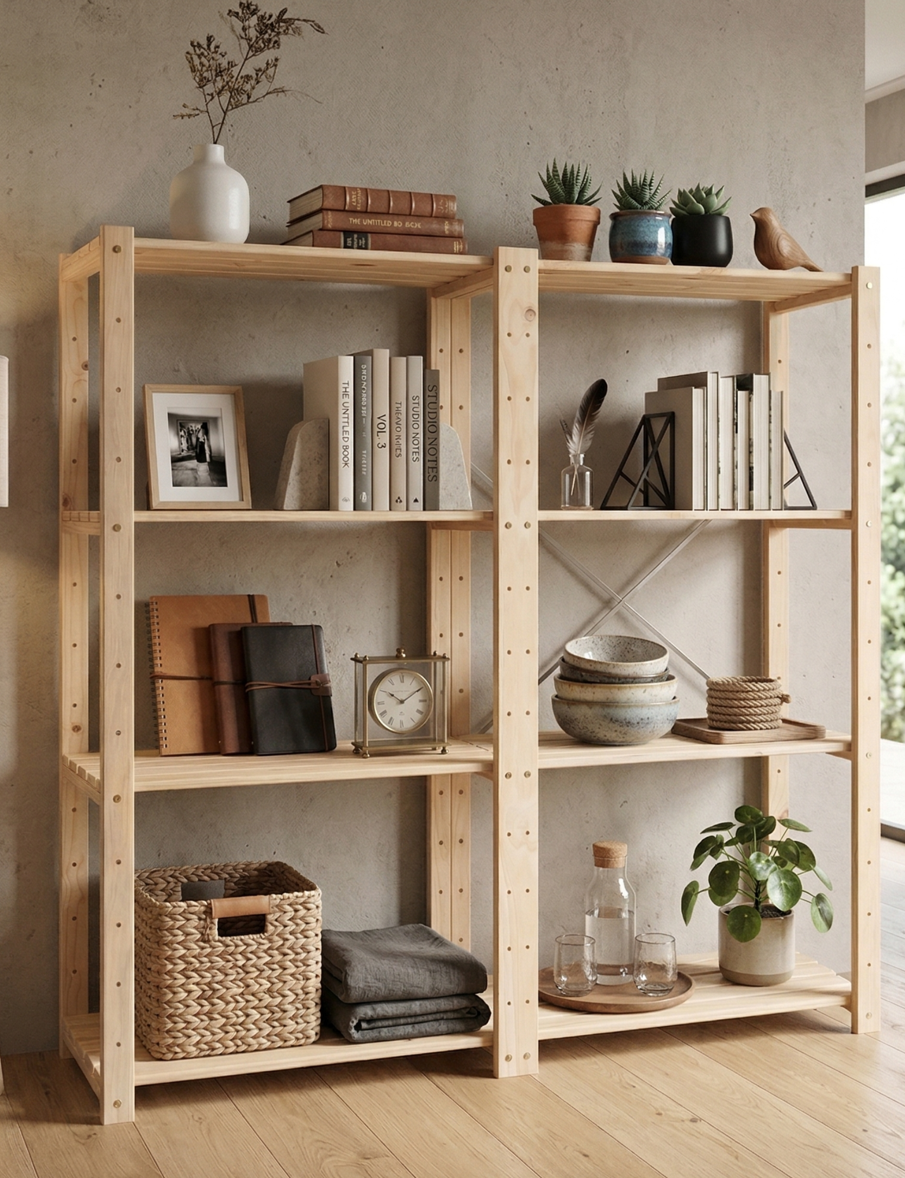 2 Bay DIY Wooden Shelving with 4 levels of Shelves (2.1m High)