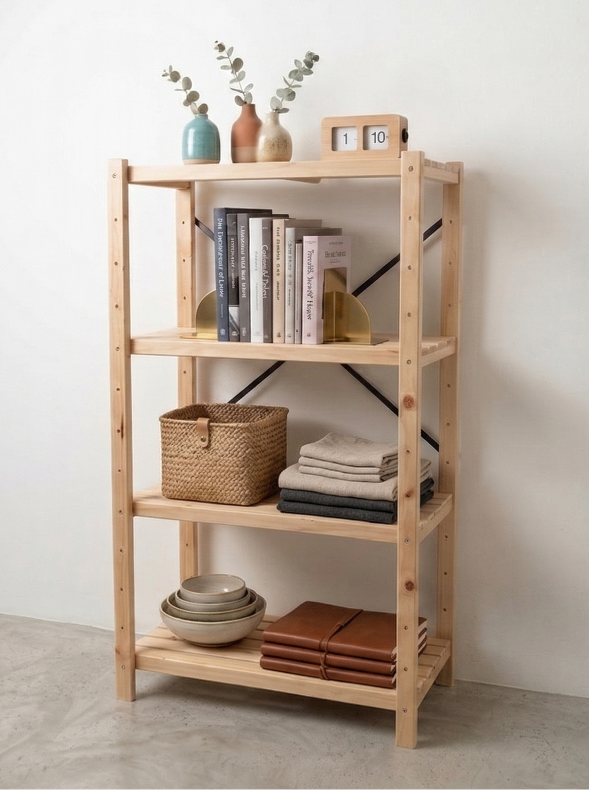 1 Bay DIY Modular Pine Wooden Shelf with 4 levels of Shelves (2.1m High)