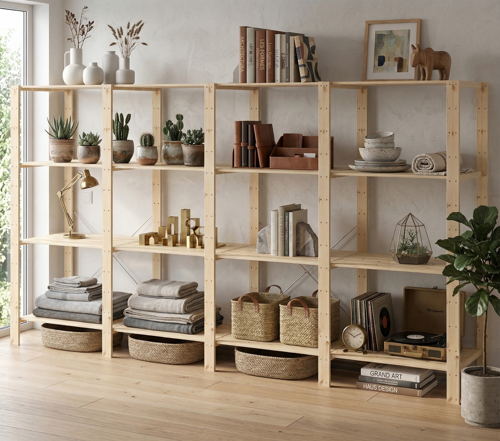 4 Bay DIY Wooden Shelving with 4 levels of Shelves (2.1m High)