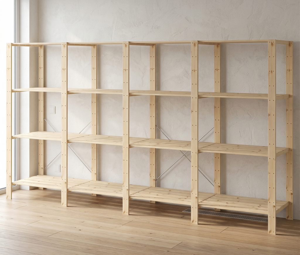 4 Bay DIY Wooden Shelving with 4 levels of Shelves (2.1m High)