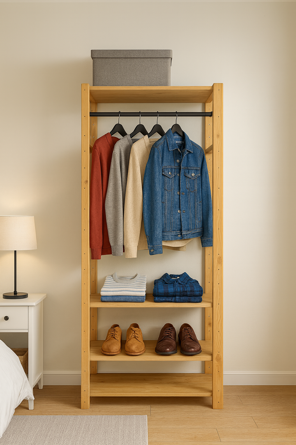 1 Bay 4 Level Wooden Modular DIY Wardrobe Hanging Rail Shelf