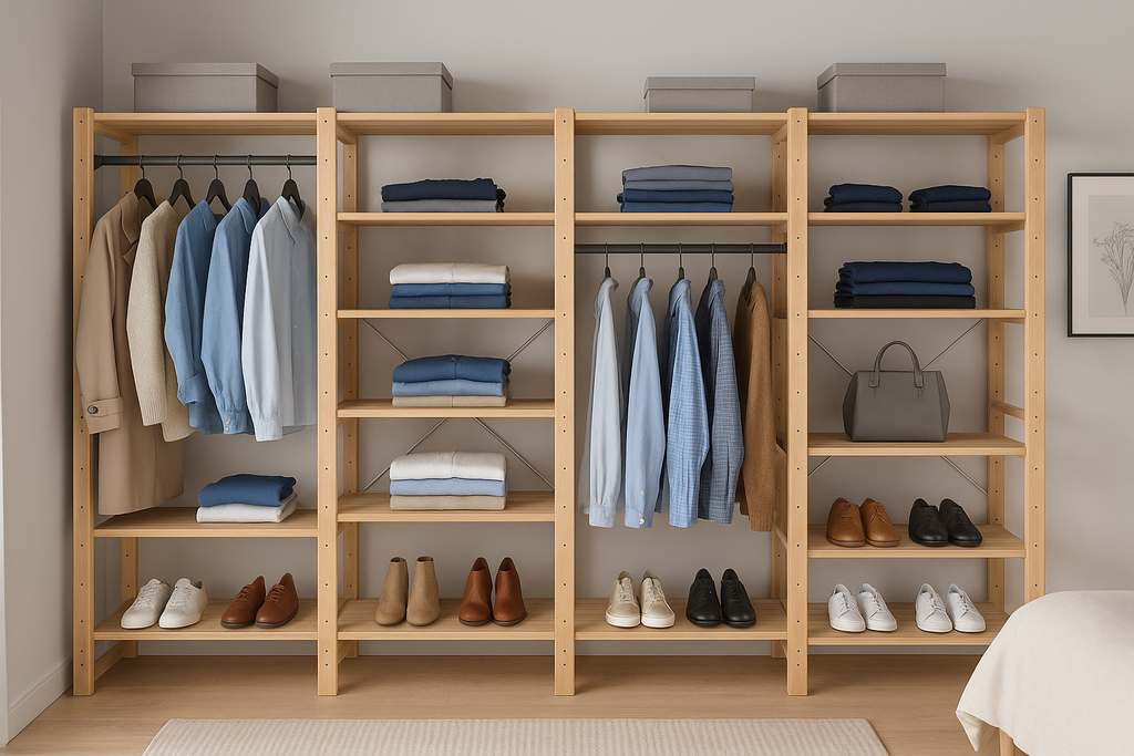 4 Bay 20 Level Pine Wooden Modular DIY Wardrobe Hanging Rail Shelf