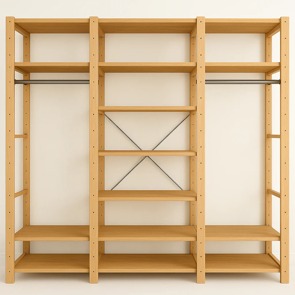 3 Bay 15 Level Pine Wooden Modular DIY Wardrobe Hanging Rail Shelf